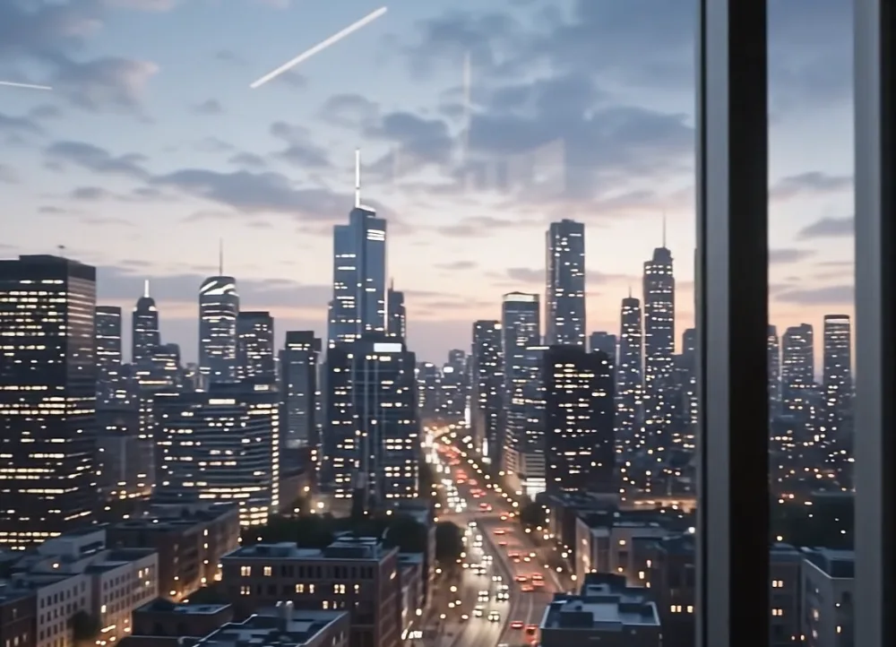 Dusk city skyline through the studio window