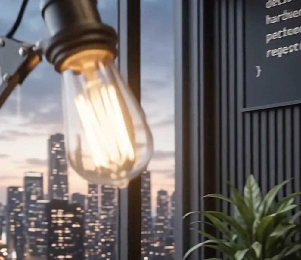 Warm desk lamp against the skyline
